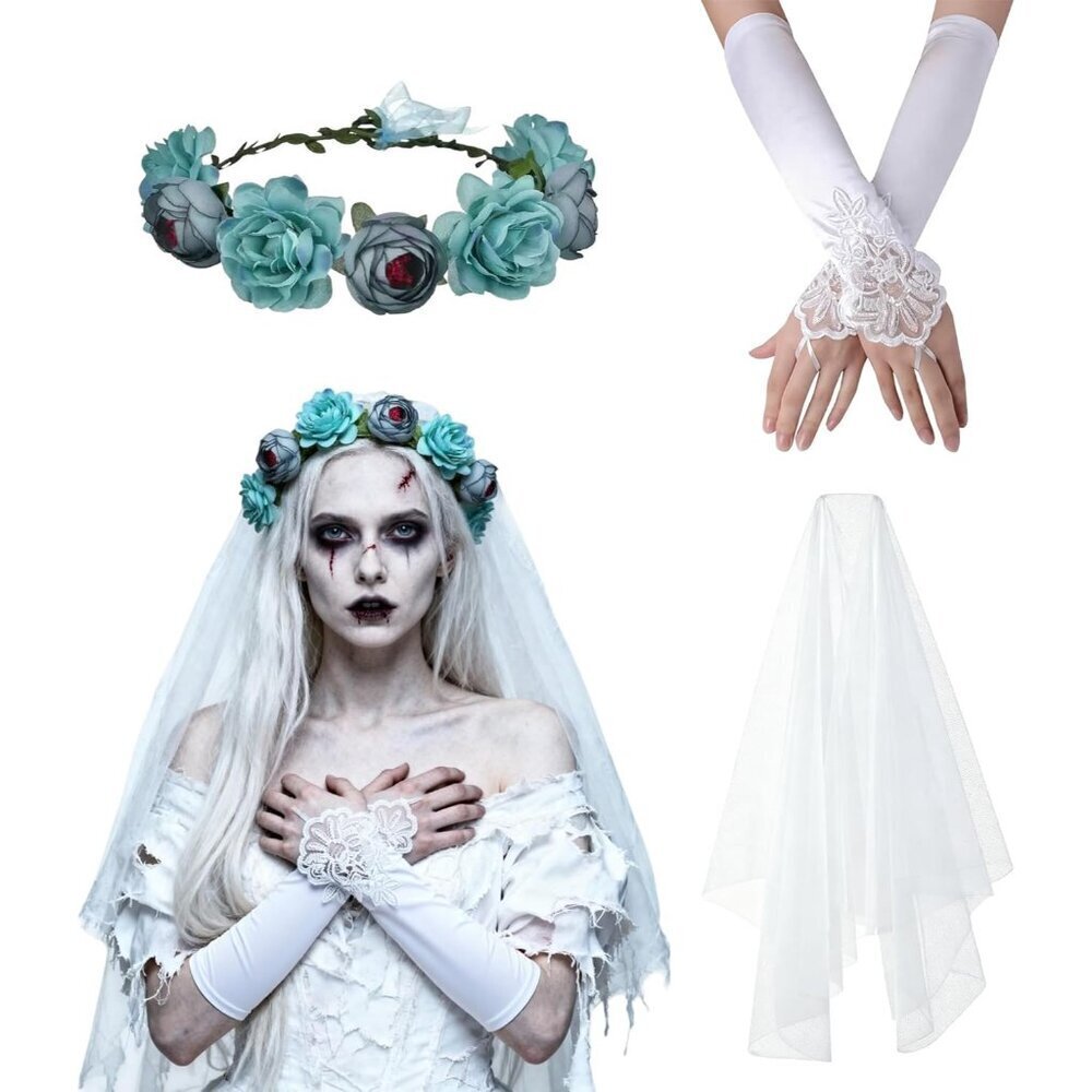 Zombie Bride Costume Accessories Bridal Veil Gothic Floral Crown Gloves Hallowee
